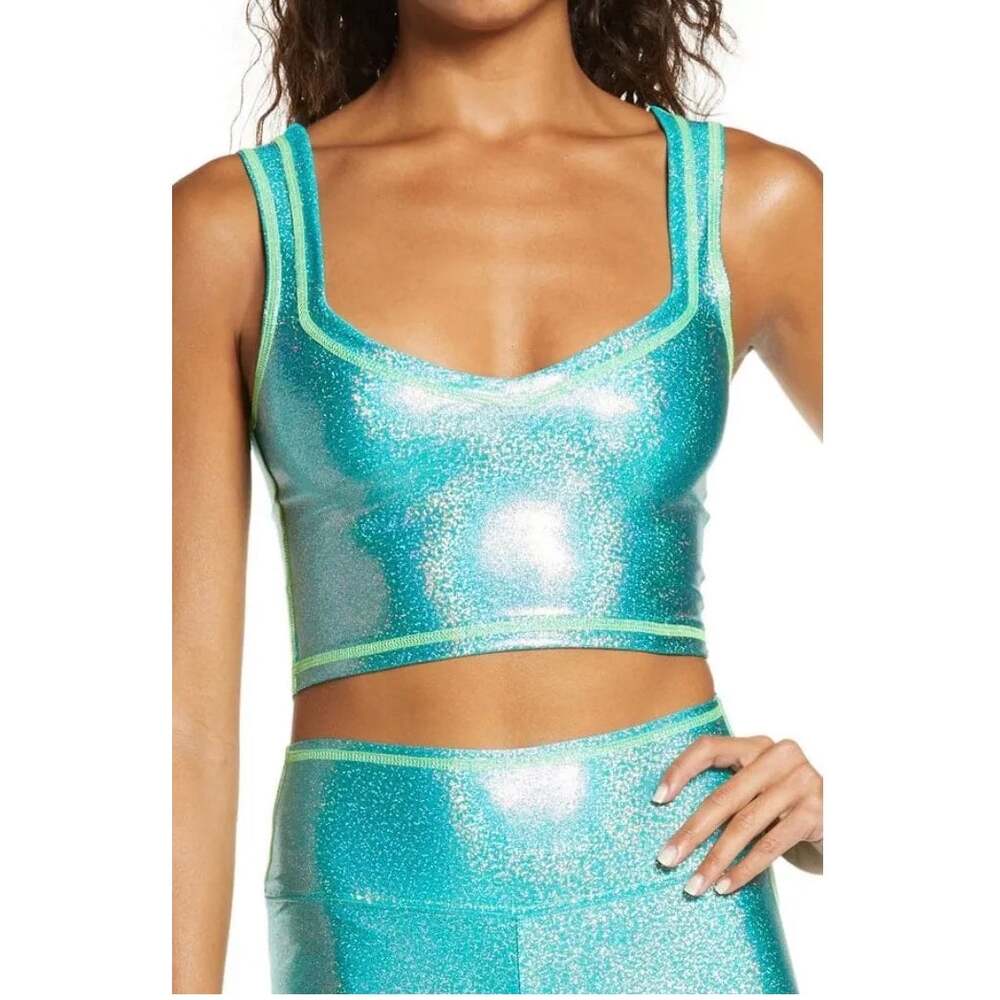 NWT The Mighty Company Glitter Crop Tank Top Ocean Blue Green Metallic Small